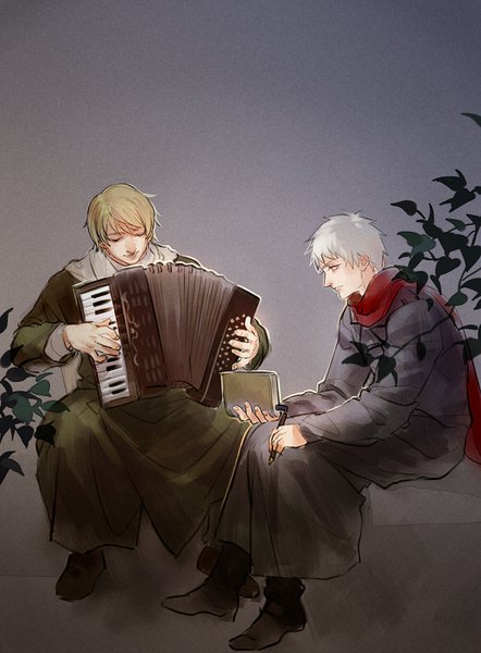 Anime picture 1000x1358 with axis powers hetalia studio deen russia (hetalia) prussia (hetalia) chongning tall image short hair simple background blonde hair red eyes sitting holding white hair grey background multiple boys leaning leaning forward playing instrument boy plant (plants)