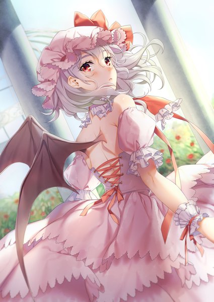 Anime picture 1254x1771 with touhou remilia scarlet yana mori single tall image looking at viewer blush fringe hair between eyes red eyes silver hair parted lips looking back wind from behind sunlight short sleeves puffy sleeves slit pupils lacing