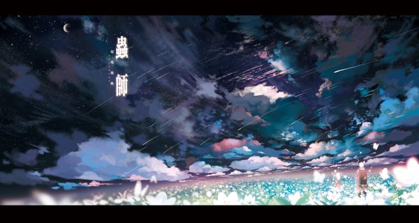 Anime picture 2455x1311 with mushishi pixiv ginko sarnath long hair highres short hair wide image standing cloud (clouds) white hair traditional clothes japanese clothes night night sky back hieroglyph landscape field abstract