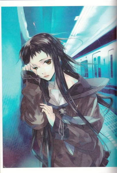 Anime picture 1189x1746 with kazuaki art works kazuaki single long hair tall image black hair brown eyes sad girl serafuku subway