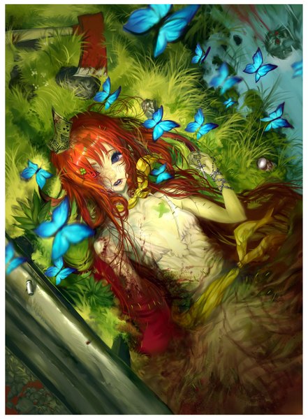 Anime picture 1300x1770 with original elsevilla single long hair tall image red hair lying heterochromia zombie guro girl plant (plants) insect butterfly blood grass cross sundress neckerchief axe