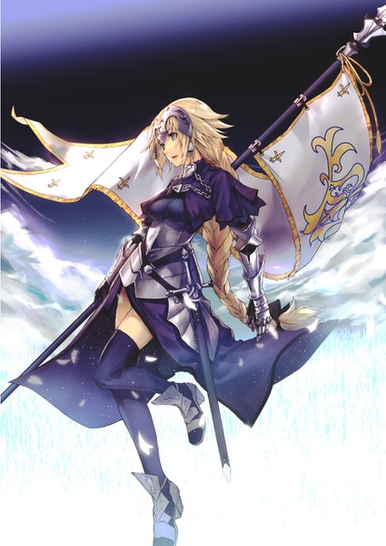 Anime picture 906x1280 with fate (series) fate/apocrypha jeanne d'arc (fate) (all) jeanne d'arc (fate) applekun single tall image breasts blue eyes blonde hair large breasts standing looking away cloud (clouds) full body ponytail braid (braids) very long hair parted lips night
