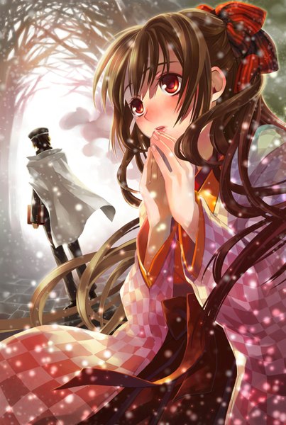 Anime picture 1300x1935 with original minami seira long hair tall image blush red eyes brown hair japanese clothes snowing winter snow girl boy bow plant (plants) hair bow tree (trees) kimono book (books) cloak