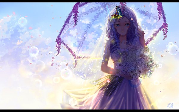 Anime picture 1500x937 with original mikan 121 single long hair looking at viewer blue eyes wide image signed blue hair sky cloud (clouds) drill hair letterboxed transparent umbrella girl dress flower (flowers) rose (roses) insect butterfly