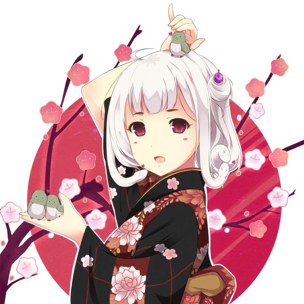 Anime picture 1200x1200 with original hiiragi hajime single looking at viewer fringe short hair open mouth ahoge white hair traditional clothes japanese clothes cherry blossoms floral print girl flower (flowers) animal heart kimono bird (birds) branch