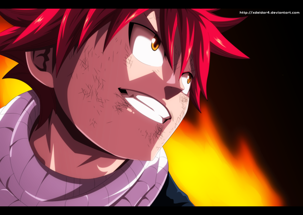 Anime picture 2000x1419 with fairy tail natsu dragneel xdeidar4 single highres short hair smile yellow eyes pink hair grin coloring dark background close-up face boy scarf fire