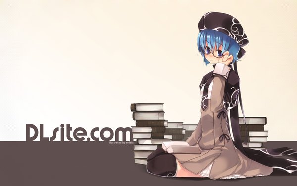 Anime picture 1920x1200 with dlsite.com elle sweet refeia single looking at viewer fringe highres short hair blue eyes hair between eyes wide image sitting blue hair adjusting glasses girl glasses book (books) beret