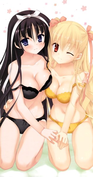 Anime picture 1900x3594 with hidan no aria mine riko hotogi shirayuki kobuichi long hair tall image blush highres breasts blue eyes light erotic black hair blonde hair red eyes bare shoulders multiple girls cleavage one eye closed wink official art