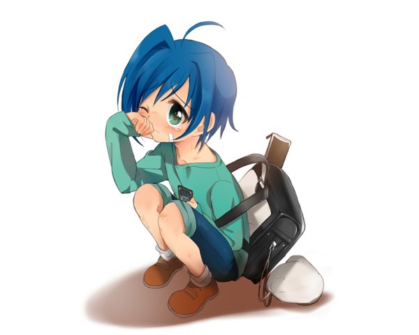 Anime picture 1280x1024 with cardfight!! vanguard sendo aichi single short hair simple background white background green eyes blue hair one eye closed wink shadow tears squat bandaid on face boy socks white socks bandaid backpack card (cards)