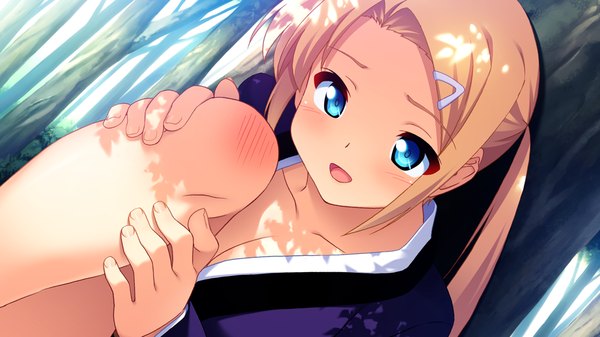 Anime picture 1024x576 with makai tenshi djibril hoshikawa yuzuha long hair open mouth blue eyes blonde hair wide image twintails game cg girl