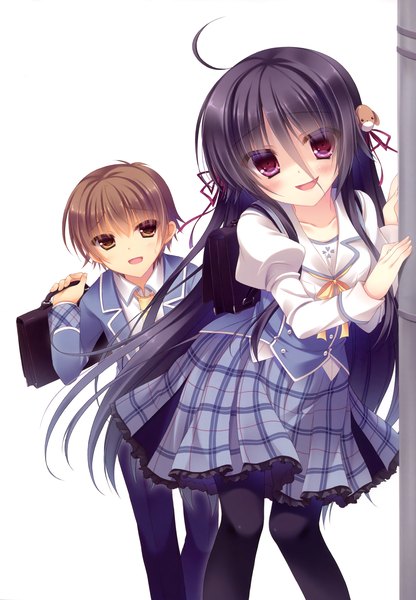 Anime picture 2500x3600 with yukie (peach candy) long hair tall image looking at viewer blush highres short hair open mouth black hair red eyes brown hair white background brown eyes scan girl boy uniform school uniform school bag