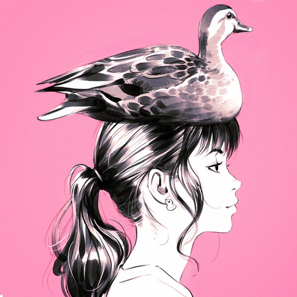 Anime picture 1080x1080 with original ilya kuvshinov single long hair blush fringe simple background smile payot upper body ponytail blunt bangs profile monochrome pink background animal on head bird on head girl earrings animal