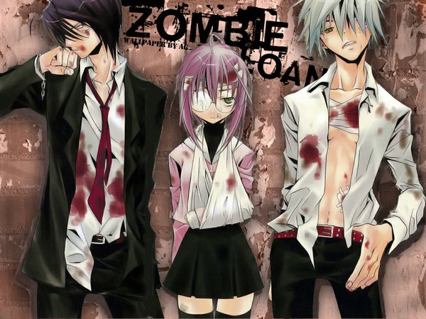 Anime picture 1024x768 with zombie loan akatsuki chika tachibana shito kita michiru peach-pit wallpaper blood