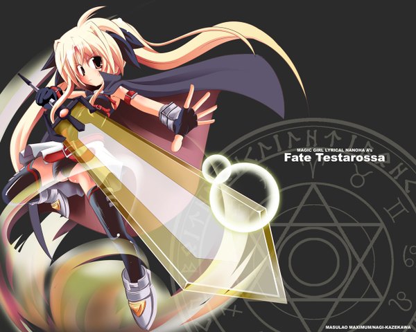 Anime picture 1280x1024 with mahou shoujo lyrical nanoha fate testarossa bardiche kazekawa nagi single looking at viewer light erotic blonde hair red eyes signed full body ponytail copyright name character names floating hair outstretched arm magic girl thighhighs gloves