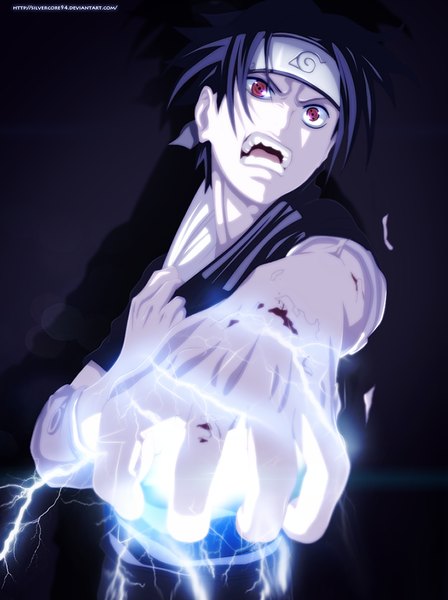 Anime picture 900x1204 with naruto studio pierrot naruto (series) uchiha sasuke silvercore94 single tall image short hair open mouth black hair simple background red eyes coloring magic black background muscle angry sharingan boy blood