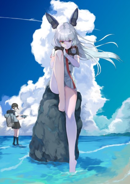Anime picture 3541x5016 with kantai collection murakumo destroyer shirayuki destroyer mugcup long hair tall image looking at viewer highres short hair smile brown hair sitting multiple girls yellow eyes absurdres sky silver hair cloud (clouds) bent knee (knees) blunt bangs