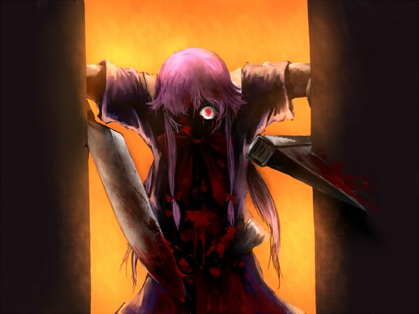 Anime picture 1024x768 with mirai nikki hellsing gasai yuno single long hair fringe red eyes pink hair hair over one eye crazy girl skirt hair ornament bow weapon hair bow shirt blood knife