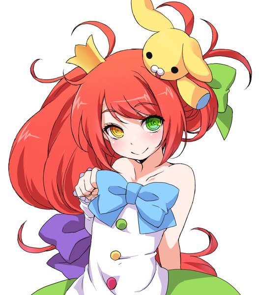 Anime picture 815x927 with pop'n music usanuko shouni (sato3) single long hair tall image looking at viewer blush fringe simple background smile white background bare shoulders green eyes yellow eyes red hair heterochromia girl dress