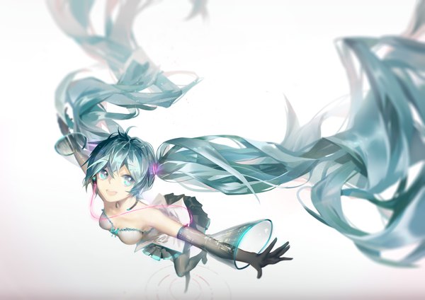Anime picture 4960x3507 with vocaloid hatsune miku yyb single looking at viewer highres open mouth twintails absurdres very long hair aqua eyes aqua hair girl skirt gloves detached sleeves miniskirt