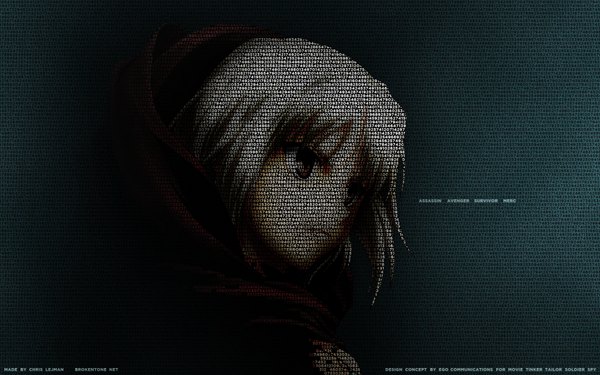 Anime picture 1920x1200 with canaan type-moon canaan (character) highres short hair blue eyes wide image looking away white hair profile inscription dark background girl ribbon (ribbons) hair ribbon hood