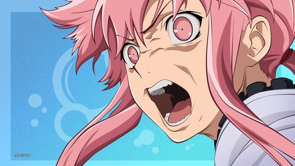 Anime picture 2200x1238 with mirai nikki gasai yuno morrow single long hair highres open mouth wide image twintails pink hair pink eyes screaming girl