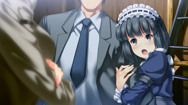 Anime picture 1024x576 with d-eve in you takeoka minami short hair open mouth blue eyes black hair wide image game cg maid girl