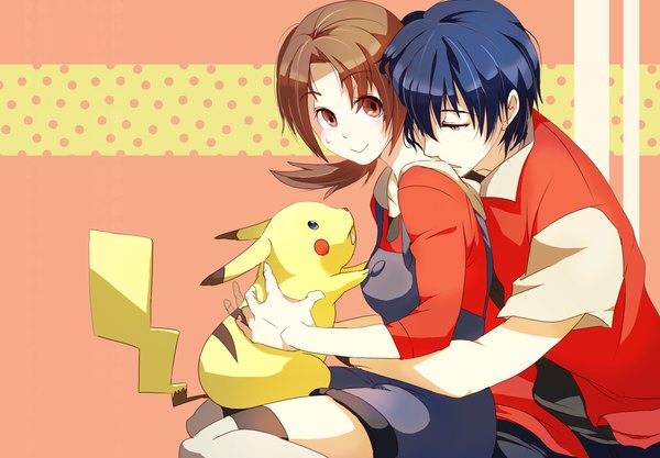 Anime picture 2300x1600 with pokemon pokemon heartgold and soulsilver nintendo pikachu red (pokemon) lyra (pokemon) suama (kina5977) highres short hair smile brown hair blue hair sweat couple hug sweatdrop gen 1 pokemon girl boy animal