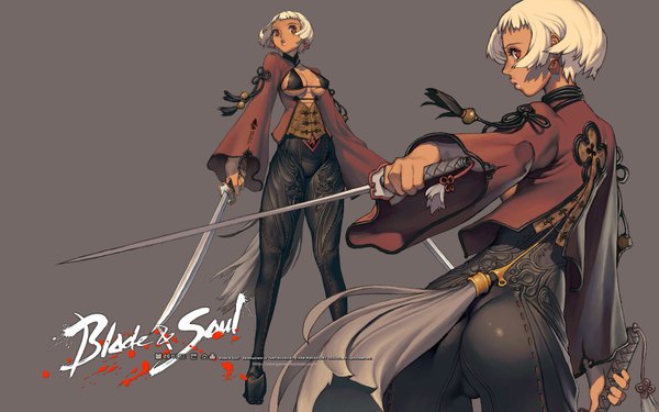 Anime picture 1920x1200 with blade & soul highres short hair breasts open mouth light erotic red eyes wide image ass white hair looking back inscription grey background girl weapon sword