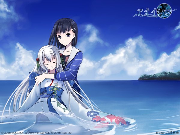 Anime picture 1600x1200 with aoi shiro osanai shouko nami (aoi shiro) katase yuu long hair looking at viewer fringe short hair black hair standing purple eyes multiple girls signed sky cloud (clouds) white hair blunt bangs eyes closed long sleeves traditional clothes