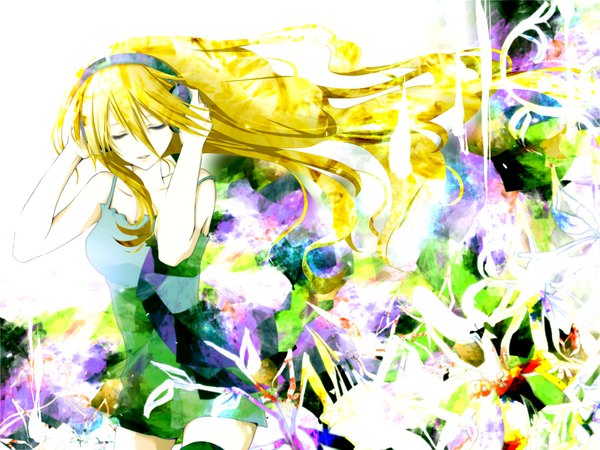 Anime picture 1800x1350 with vocaloid lily (vocaloid) aonoe single long hair fringe highres open mouth blonde hair bare shoulders eyes closed girl dress plant (plants) headphones