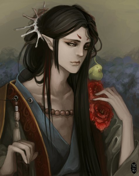 Anime picture 938x1184 with original guoming (artist) single long hair tall image looking at viewer black hair simple background traditional clothes pointy ears inscription grey eyes face paint boy hair ornament flower (flowers) animal bird (birds) beads
