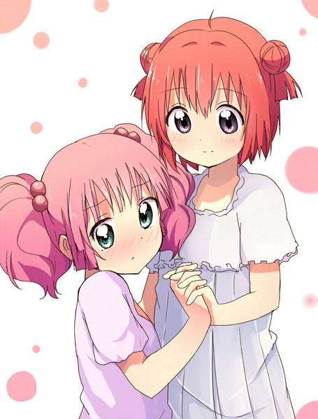 Anime picture 738x972 with yuru yuri doga kobo akaza akari yoshikawa chinatsu tata (tataice) tall image blush fringe short hair twintails purple eyes multiple girls looking away pink hair ahoge red hair aqua eyes hair bun (hair buns) embarrassed holding hands