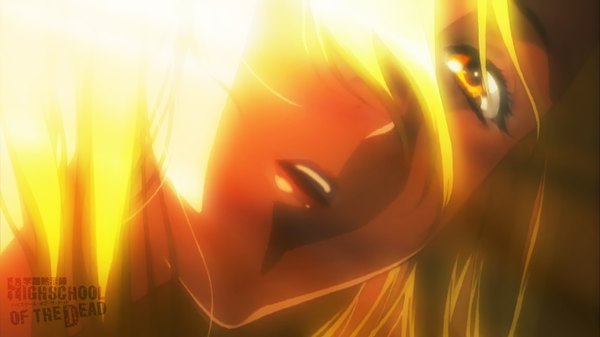 Anime picture 1366x768 with highschool of the dead madhouse marikawa shizuka single long hair looking at viewer fringe open mouth blonde hair wide image yellow eyes lips hair over one eye glowing close-up girl