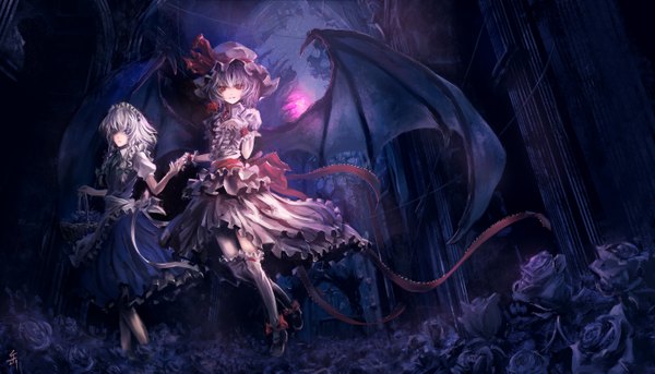 Anime picture 1440x825 with touhou remilia scarlet izayoi sakuya archlich short hair red eyes wide image multiple girls white hair braid (braids) maid twin braids flying bat wings red moon girl thighhighs dress bow ribbon (ribbons)