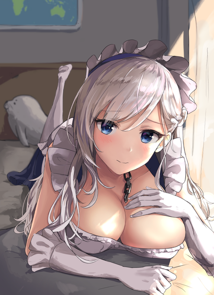 Anime picture 801x1107 with azur lane belfast (azur lane) figurehead single tall image looking at viewer blush fringe breasts blue eyes light erotic smile hair between eyes large breasts cleavage silver hair indoors lying braid (braids) sunlight