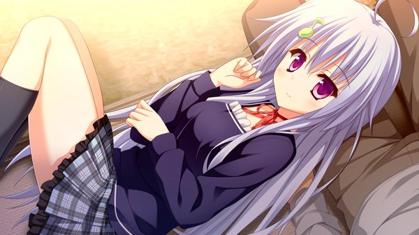 Anime picture 1280x720 with koishiki manual haneshiro amane saeki nao long hair looking at viewer blush smile wide image purple eyes game cg ahoge white hair on side girl boy skirt hair ornament socks black socks blouse