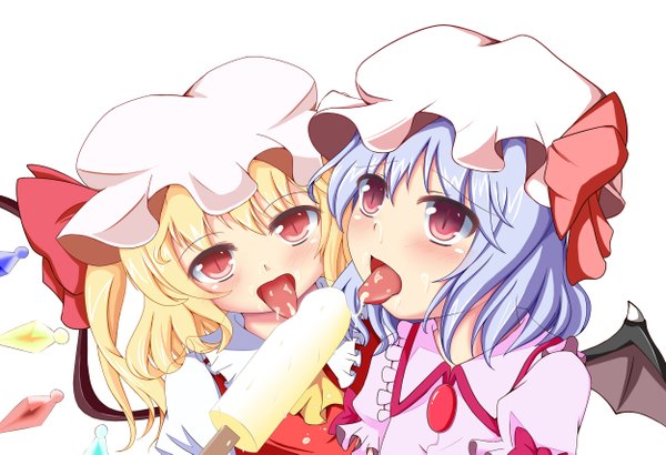 Anime picture 1250x855 with touhou flandre scarlet remilia scarlet oginagirest (artist) blush short hair blonde hair red eyes multiple girls blue hair loli one side up demon wings licking animal eyes sexually suggestive girl 2 girls wings food