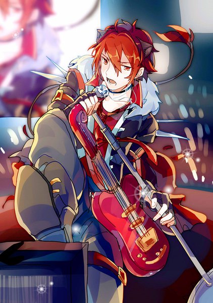 Anime picture 563x800 with show by rock!! studio bones crow (show by rock!!) nemukuri single tall image looking at viewer fringe short hair open mouth hair between eyes red eyes holding animal ears red hair tail animal tail cat ears open jacket fur trim