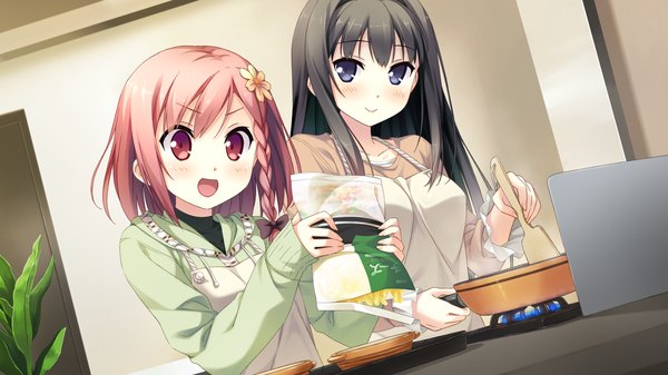 Anime picture 1920x1080 with your diary ayase sayuki yua (your diary) kantoku long hair looking at viewer blush highres short hair open mouth blue eyes black hair red eyes wide image multiple girls pink hair game cg braid (braids) cooking girl