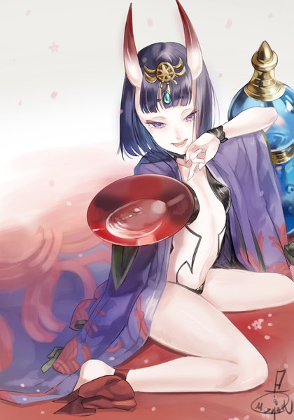 Anime picture 1191x1700 with fate (series) fate/grand order shuten douji (fate) mizutamari tori single tall image fringe breasts open mouth light erotic sitting purple eyes holding signed purple hair arm up horn (horns) eyeshadow oni horns girl