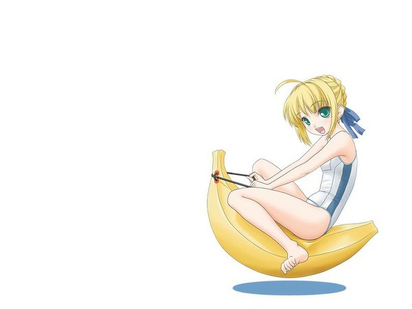 Anime picture 1024x768 with fate (series) fate/stay night studio deen type-moon artoria pendragon (all) saber white background swimsuit fruit banana