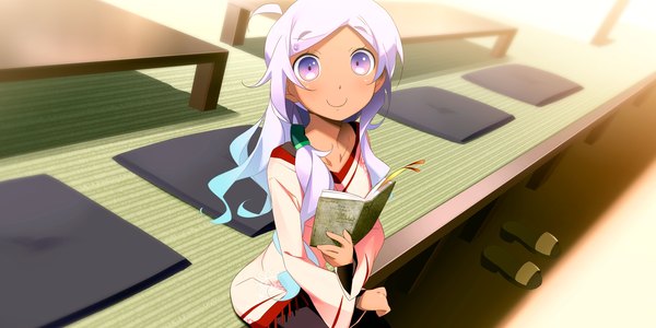 Anime picture 2400x1200 with kaminoyu (game) single long hair blush highres smile wide image sitting purple eyes game cg purple hair gradient hair girl book (books)