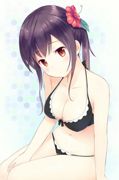 Anime picture 700x1056 with original sakusaku single long hair tall image breasts light erotic red eyes large breasts purple hair head tilt hair flower girl navel hair ornament flower (flowers) swimsuit bikini black bikini