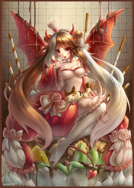 Anime picture 792x1105 with original emperpep long hair tall image red eyes brown hair sitting twintails white hair horn (horns) girl dress flower (flowers) animal pantyhose wings food sweets cat fruit