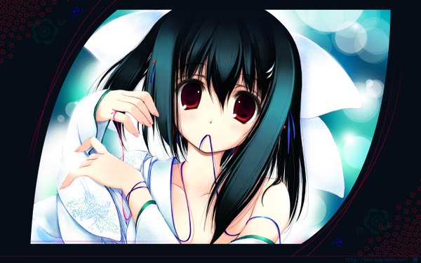 Anime picture 2560x1600 with nagomi single looking at viewer highres black hair red eyes wide image holding japanese clothes mouth hold ribbon in mouth girl