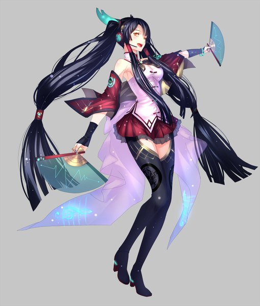 Anime picture 1562x1840 with original ryuuzaki ichi single long hair tall image open mouth black hair smile red eyes twintails bare shoulders holding dual wielding girl skirt gloves miniskirt headphones fingerless gloves thigh boots