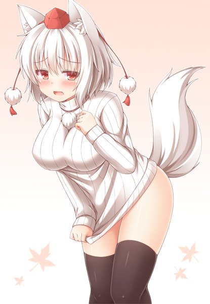 Anime picture 1000x1445 with touhou inubashiri momiji yuu (yu0221f) single tall image blush short hair breasts open mouth light erotic simple background red eyes large breasts animal ears white hair tail animal tail teeth fang (fangs) fox ears