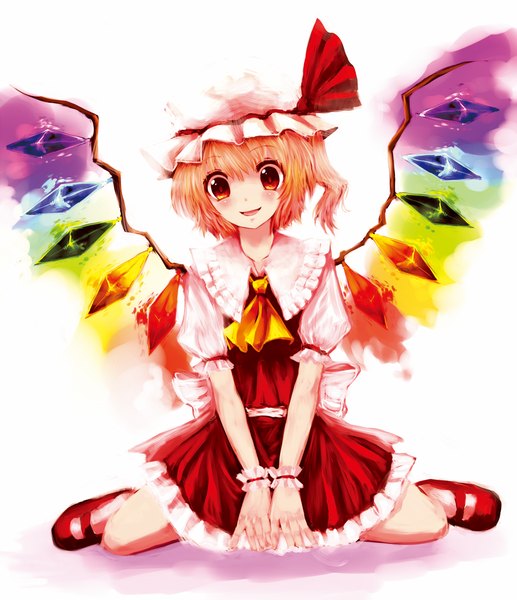 Anime picture 1252x1452 with touhou flandre scarlet hal360 single tall image blush short hair blonde hair smile red eyes sitting girl dress wings frills bonnet crystal