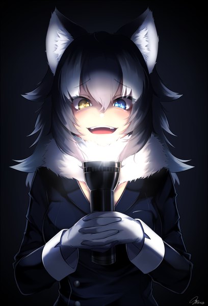 Anime picture 681x1000 with kemono friends grey wolf (kemono friends) kito koruta single long hair tall image blush fringe open mouth blue eyes black hair simple background hair between eyes holding signed animal ears yellow eyes white hair multicolored hair two-tone hair