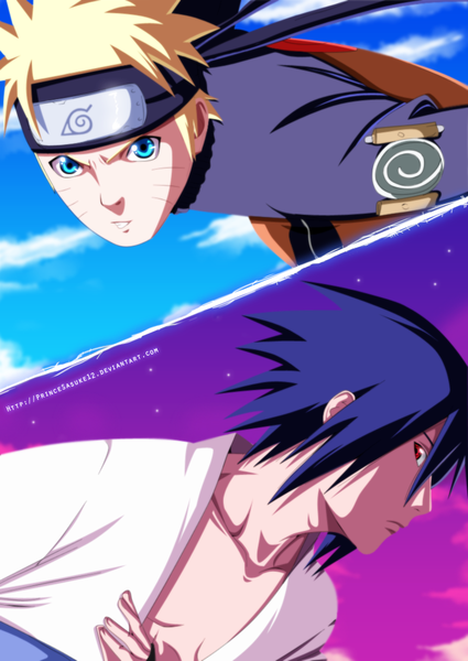 Anime picture 775x1093 with naruto studio pierrot naruto (series) uzumaki naruto uchiha sasuke akira-12 tall image short hair blue eyes black hair blonde hair red eyes sky cloud (clouds) profile multiple boys coloring facial mark multiview whisker markings